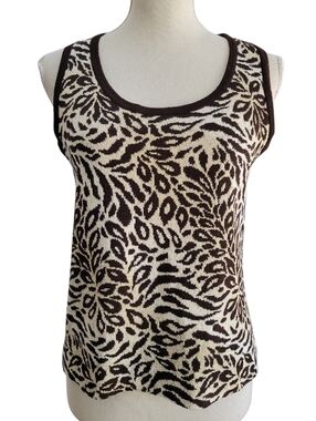 St. John Sport Brown Animal Floral Knit Tank Top Gold Metallic‎ Wool Blend Shell
